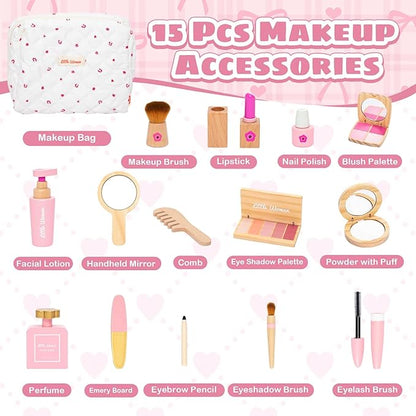 Wooden Makeup Toy Set, Pretend Play Makeup Kit for Toddlers Realistic Beauty Salon Set for Girls with Eyeshadow Lipstick Perfume Brush and Cosmetic Bag Birthday Gifts for Girls Toys Kids Aged 3 4 5 6