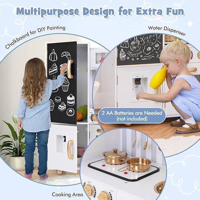 HONEY JOY Kids Kitchen Playset, Wooden Little Chef Pretend Play Kitchen Set w/Chalkboard & Water Dispenser, Lighted Stove, Storage Cabinet, Utensils, Play Kitchen for Toddlers, White + Golden