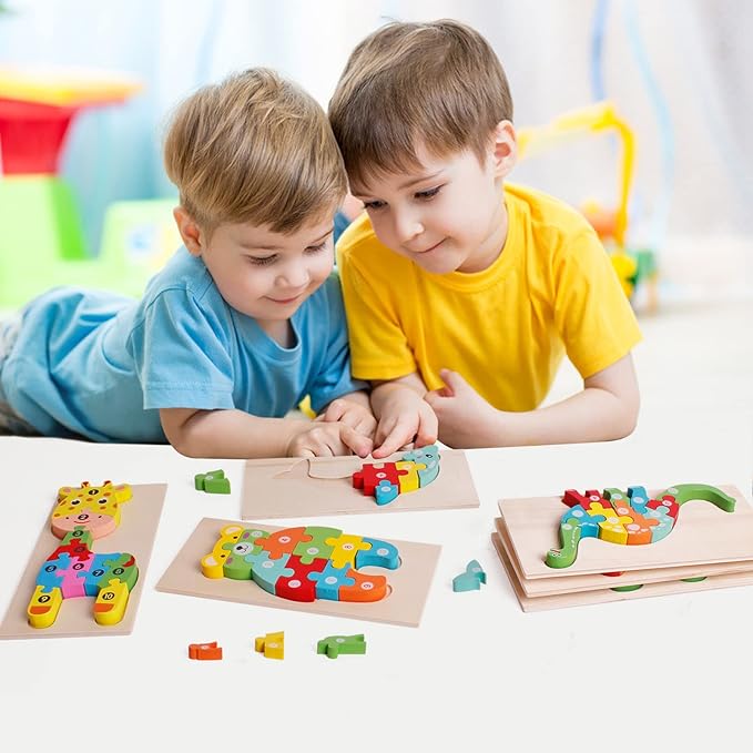 SHIERDU Wooden Puzzles for Kids, Toddler Number Puzzle, Old Wooden Dinosaur Puzzles and Animal Jigsaw Toys for Boy Girl Ideal Gift, 2-6 Years, Pack of 6, 2-1