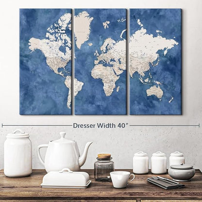 ElephantStock Detailed World Map With Cities I Wall Art - Horizontal Canvas - 3-Piece Living Room Decor - Watercolor Map Canvas Print - Beige and Blue Wall Decor by Blursbyai - 33" X 20"