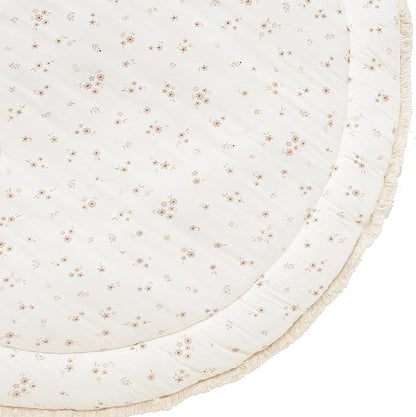 MakeMake Organics Organic Play Mat GOTS Certified Organic Cotton Nursery Floor Rug Washable Reversible Non Toxic Activity Mat Tummy Time Crawling Pad Thick Quilted (Round 48", Bloom + Solid Oat)