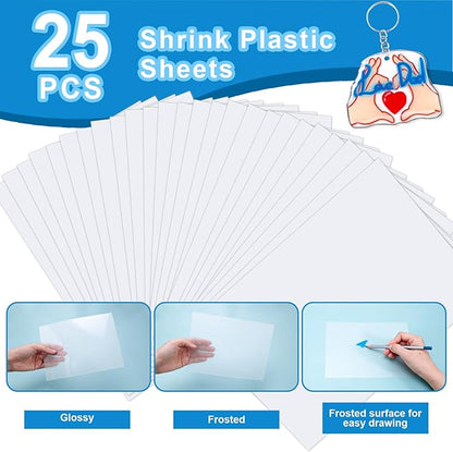 Auihiay 325PCS Shrink Plastic Sheets Kit - 25PCS Shrink Sheets + 100 Keychains and 200 Open Iron Ring, DIY Shrinky Paper Art Supplies for Jewelry, Keychain Making, DIY Mother's Day Crafts Gifts