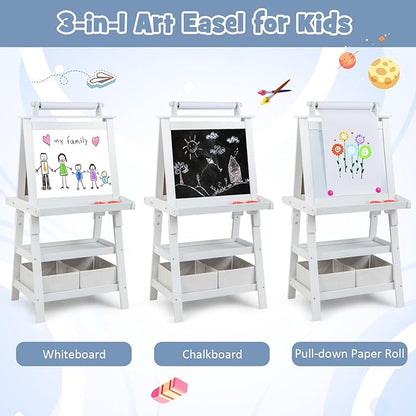 Costzon Kids Art Easel, 3 in 1 Double-Sided Painting Easel w/Magnetic Whiteboard, Chalkboard & Paper Roll, 2-Tier Storage Rack & 2 Boxes, Standing Easel for Kids, Toddlers, Gift for Boys, Girls