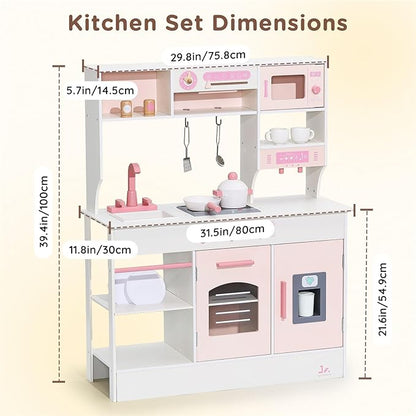 SainSmart Jr. Play Kitchen for Kids, Wooden Kitchen Playset with Lights & Sounds, Ice Maker, Oven & Sink, Trendy Home Style Toy Kitchen, Gift for 3+ Years