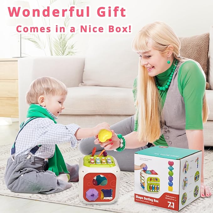 Montessori Toys for Toddlers, 7-in-1 Activity Cube, Shape Sorter Toy| Baby Developmental Learning Toys| First Birthday Gifts
