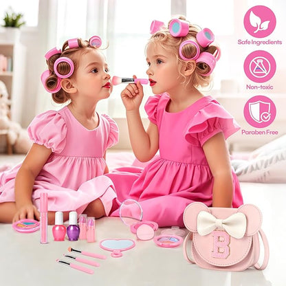 Kids Makeup Kit for Girls - 15 Pcs Real Washable Make Up Set - Non Toxic Toddlers Cosmetic with Letter Mouse Ear Purse - Dress up Birthday Gifts for 3 4 5 6 7 8 Years Old Girls - B