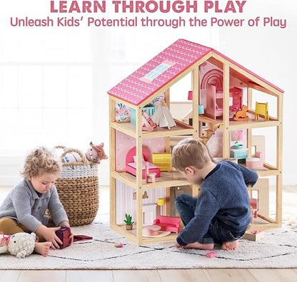 Tiny Land Wooden Dollhouse for Girls - 6 Rooms Wooden Doll House, DIY Pretend Doll House with 31Pcs Furniture Accessories, Creative Gift for Girl Ages 3+