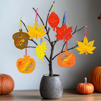 Eternity sky 64 Sets Fall Thanksgiving Crafts Colorful Leaves Pumpkin Scratch Art, Autumn Magic DIY Kit Classroom Activities Party Favors
