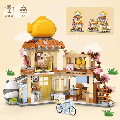 Japanese Street View Taiyaki Shop Mini Building Blocks, MOC Creative Building Toys Cute Panda Building Set for Kids 6-12, Simulation Architecture Construction Toy, Gift Idea for Kids Adults (858 PCS)