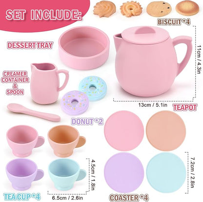 Lorfancy 20 Pcs Silicone Tea Party Set for Little Girls Kids Toddlers Tea Set with Tea Pot Cups Food Pretend Play Kitchen Accessories Christmas Birthday Gift for Girls Age 2 3 4 5 6 Year Old Toys