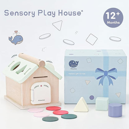 Wooden Toys for Babies 12 Months, Wooden Baby Drop Toys, 5 in 1 Object Permanence Box, Shape Sorting and Stacking Learning Toy, Sensory Play House for Toddlers Boys Girls 1 Years