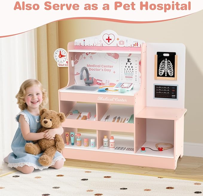 HONEY JOY Kids Wooden Doctor Play Set, 2 In 1 Checkup Medical Office Center & Vet Clinic Station, Exam Area & Interactive Accessories, X-Ray, Toddler Pretend Hospital Playset Kit for Boys Girls (Pink)
