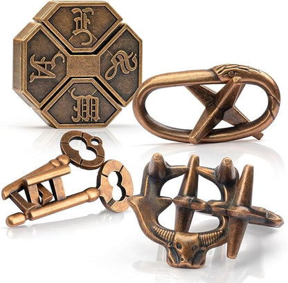 Fun Metal Brain Teaser Puzzle Games - 4 Pcs Adults Mind Travel 3D Toys -Teens IQ Insight Challenge - Logic Educational Gift（with Storage Case and Instructions）