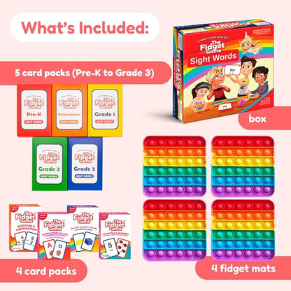 THE FIDGET GAME Kindergarten Learning Bundle - Flashcards and Pop Fidget Toys for Kids Pre-K to Grade 3 - Learning Activities and Games for High-Frequency Dolch Sight Words - Includes Mats and Dice