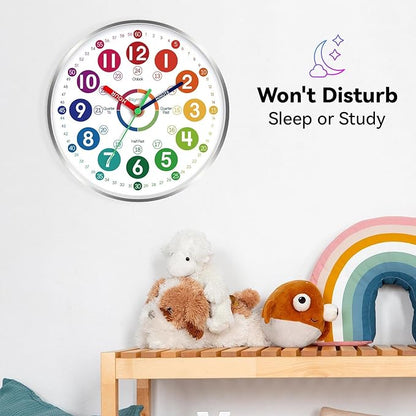 Wall Clock for Kids Learning - Teaching Time Wall Clocks Battery Operated Silent Non Ticking - Analog Colorful Clock Decorative for Kids Room Classroom School(10 Inch&Silver)