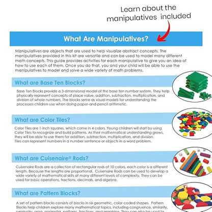 hand2mind-93538 Take Home Math Manipulatives Kit for Kids Grade K-2, with Snap Cubes, Base Ten Blocks, Cuisenaire Rods, Pattern Blocks, Color Tiles and Learning Clock, Homeschool Supplies (292 Pieces)