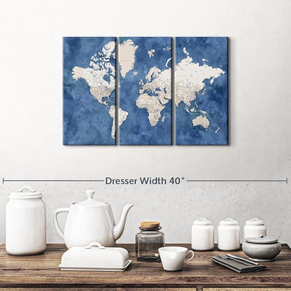 ElephantStock Detailed World Map With Cities I Wall Art - Horizontal Canvas - 3-Piece Living Room Decor - Watercolor Map Canvas Print - Beige and Blue Wall Decor by Blursbyai - 23" X 14"