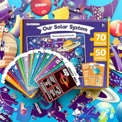QUOKKA Solar System Puzzles for Kids Ages 4-6 - 70 Pcs Fun Kids Puzzles Ages 5-8 Preschool Floor Activities - Includes 50 Cards with 400+ Space Facts- Planet-Shaped Jigsaw Puzzle Gift for Girls Boys