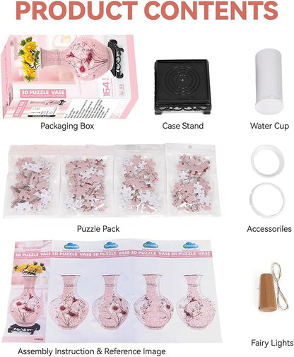 3D Puzzles Vase for Adults, Crafts for Adults, 164 Pieces Plastic DIY Unique Flower Vase with LED Light House Warming Gift Birthday Gifts for Flower Arrangements and Home Decor (Pink)