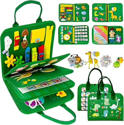 Qizfun Busy Board Montessori Toy for Toddlers, Educational Sensory Learning Toy for Fine Motor Skills, Preschool Travel Toy for Airplane & Car, Gifts for Boys and Girls