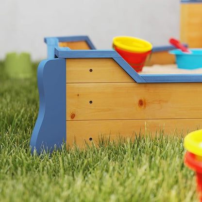 Outsunny Wooden Kids Sandbox, Pirate Ship Outdoor Sandboat with Bench Seats, Storage, Non-Woven Fabric Cloth for Backyard, Lawn, Natural Wood