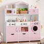 Keyluv Wooden Play Kitchen for Kids and Toddler, Montessori Toy Kitchen Playset with Plenty of Pretend Play Features and Storage Drawers, Gift for Boys and Girls, Pink