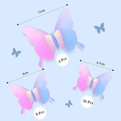 BBTO 48 Pieces Butterfly Wall Decor DIY Mirror 3D Butterfly Stickers Removable Decals for Home Bedroom School Bathroom Living Room Decor(Transparency Colorful Pink)