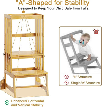 Kids Kitchen Step Stool, Toddler Standing Tower Adjustable Height with Anti-Slip Feet, Toddlers Learning Step Stool Helper for Kitchen Counter or Bathroom Sink, Natural Bamboo