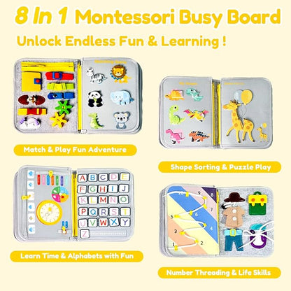 Qizfun Busy Board Montessori Toy for Toddlers, Educational Sensory Learning Toy for Fine Motor Skills, Preschool Travel Toy for Airplane & Car, Gifts for Boys and Girls
