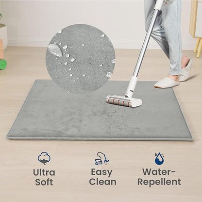 Baby Play Mat for Floor,1.3" Thick Elasti-Foam 50"×50" Playpen Mat for Tummy Time,Water Repellent Soft Coral Velvet for Toddler,Infant,Kids,Non-Slip Backing Safe for Crawling(Light Grey)