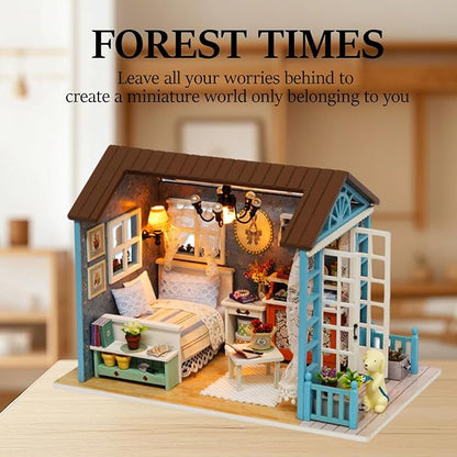 OZJAY Miniature House Kit, Mini House Building Kit with LED, DIY Miniature Kit for Adults Teen, Dollhouse Kit for Birthday Christmas, Forest Times