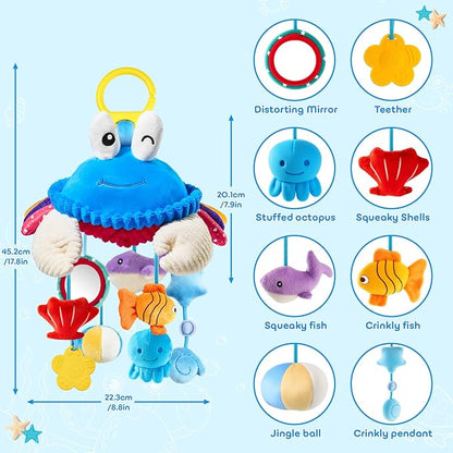 Hanging Activity Toy for Car Seat, Stroller, Crib & Play Gym, Sensory Crab Plush Toy for Babies 0-12 Months, Tummy Time, Motor Skills Development, Montessori Toy with Mirror, Rattle & Teether