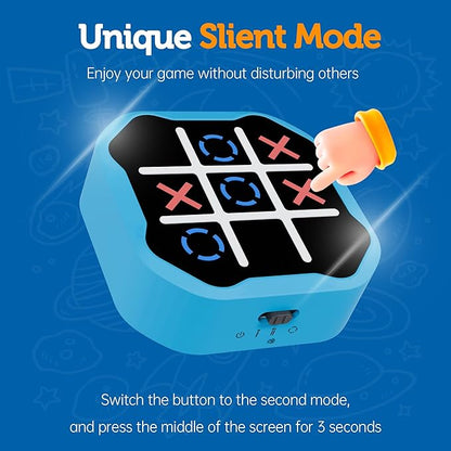 3-in-1 Electronic Tic Tac Toe Game, Handheld Travel Toy with Silent Mode, Fun for Kids and Adults, Blue
