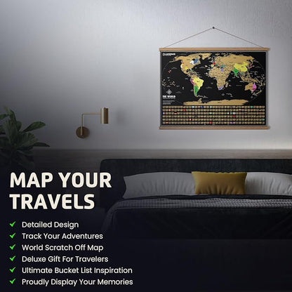 Landmass Scratch Off World Map, Deluxe Travel Tracker with Flags, Detailed Cartography, Gift Idea for Travelers, Wall Art, Home or Office Decor, 17x24 Inches