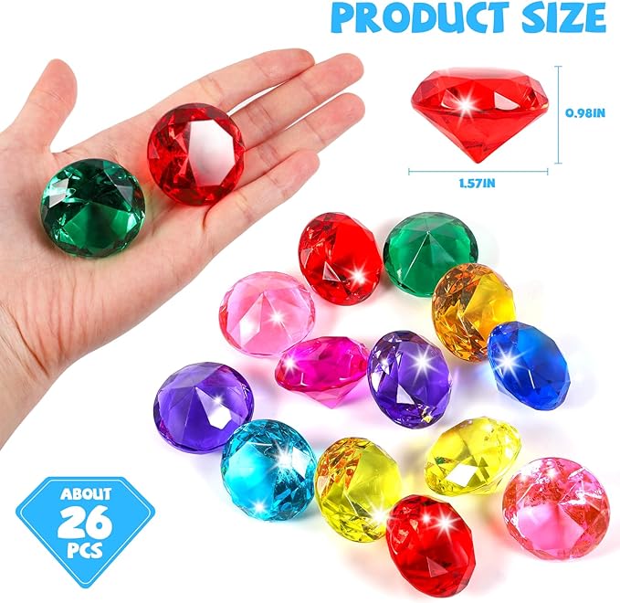 Niceup 56pcs Heart and Diamond Diving Gems 1.57in Tressure Box Easter Egg Filler Princess Party Decoration Favors Crystal Acrylic Heart Shape Gemstones for Summer Swimming Training Pool Toys