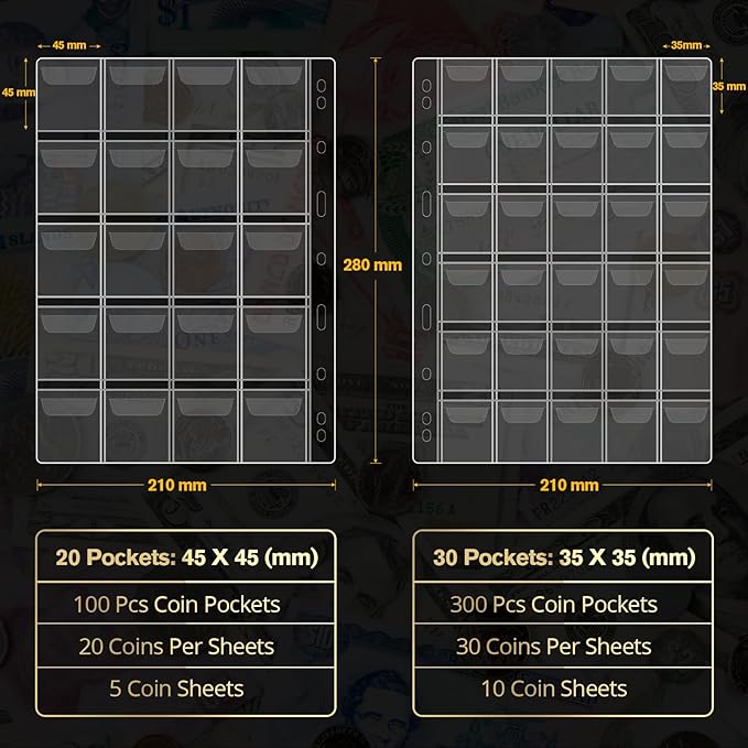 Coin Collection Book Holder for Collectors - 400 Coins Pockets+15 Bills Pockets, Coin Collection Organizer Storage Box Case Album for 20/25/ 27/30/ 38mm Coin