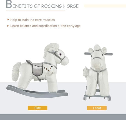 Qaba Kids Plush Ride-On Rocking Horse with Bear Toy, Children Chair with Soft Plush Toy & Fun Realistic Sounds, White