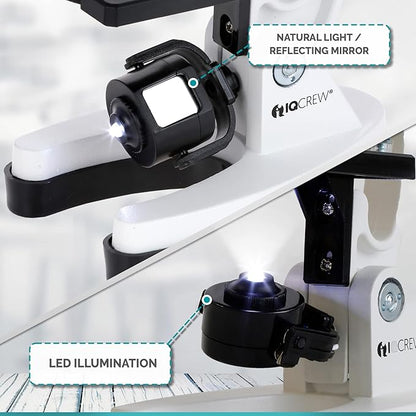AMSCOPE-Kids 120X-1200X White Metal Arm Starter Kids Student Microscope Kit and Compact Refractor Telescope with Tripod - M30-ABS-KT2-W-TKVB1