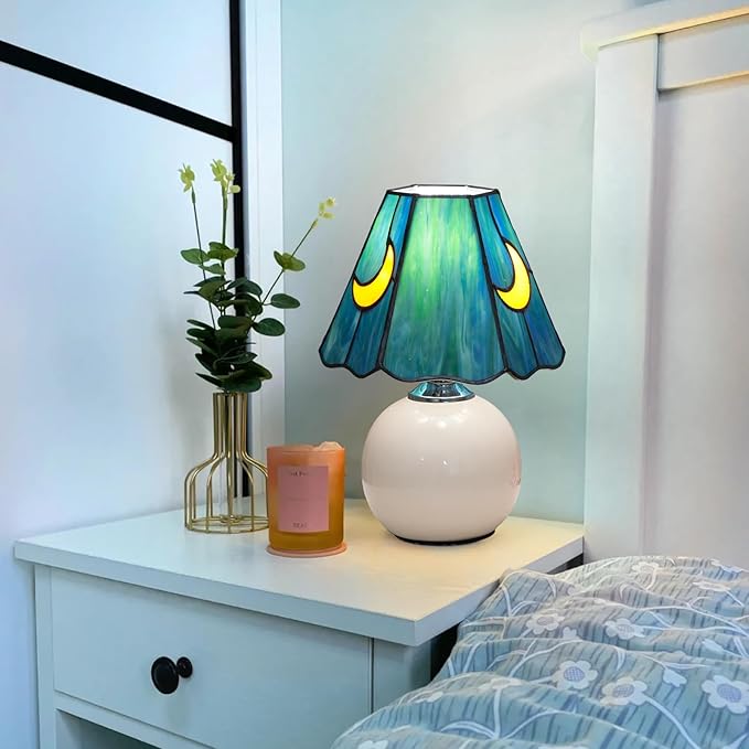 Mushroom Lamp-Small Bedside Table Lamp Tiffany Stained Glass, Nightstand Lamps for Bedroom, Living Room, Cafe, Bulb Included, Unique Aesthetic Home Decor(Sea Blue)