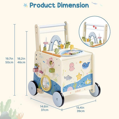 ROBUD Wooden Baby Push Walker, Marine Theme Learning Walking Toys, Adjustable Height Baby Walker with Decelerator, Montessori Toys for Baby Age 10 Months+, WRP23