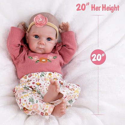 Aori Reborn Baby Dolls Girl - 20 Inch Realistic Newborn Lifelike Baby Doll with Hand-Painted Features - Weighted Cloth Body Cuddle Companion Doll with Outfits, Gift for Kids 3+ & Collectors