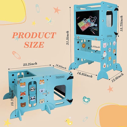 Toddler Kitchen Stool Helper, CPC Certified Foldable Toddler Tower, Learning Wooden Tower with Support Feet and Chalkboard, Anti-Drop Structure, Safe Design for Kids, Blue