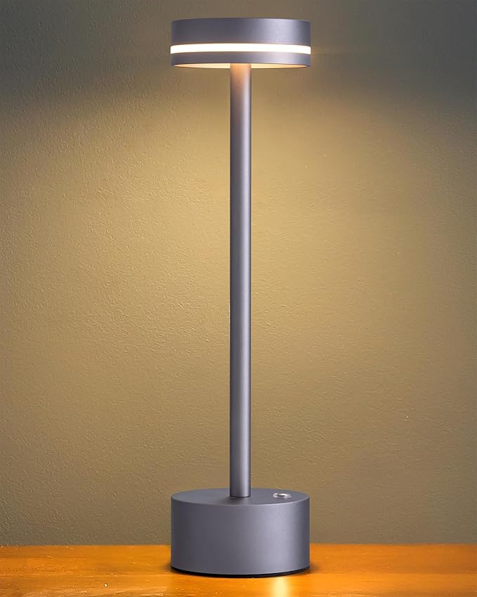 PUSU Portable Table Lamp Battery Powered LED Lamp Cordless Table Lights 3-Level Brightness Touch Control, for Home Office Bedroom Hotel Room Restaurant Outdoor(Gray)