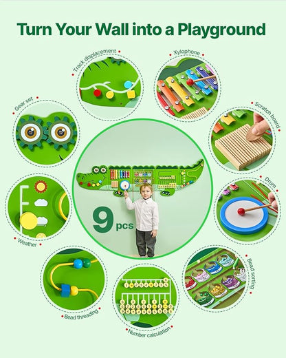 VEVOR Crocodile Activity Busy Board Panel, 9 Wall Activities Board, Montessori Sensory Wall Panel for Kids 3-12 Years, Sensory Wall Activity Panel, Ideal for Toddler Playroom Nursery Classroom