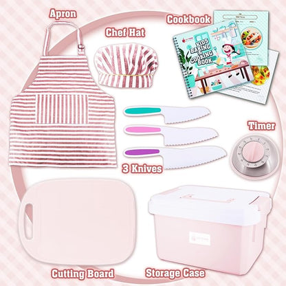 JoyTown Kids Cooking and Baking Set with Storage Case –Complete Cooking Supplies for The Junior Chef with Cookbook, Knives, Timer, Kids Baking Kit for Girls & Boys – Real Utensils Accessories - Pink