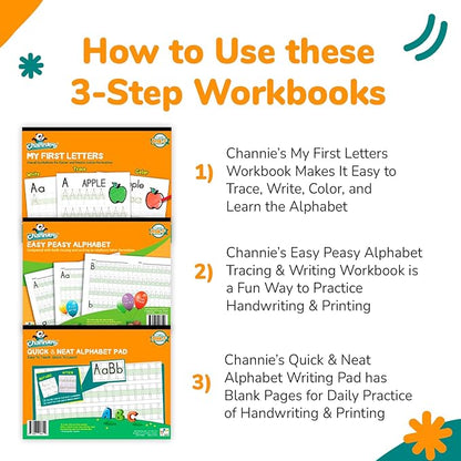 Channie's Beginner's Alphabet & Handwriting Workbooks, 3 Workbooks, Lots Practices with Visual Format, Easier Way to Learn Alphabet Summer School, Ideal for Homeschool Learning Activities