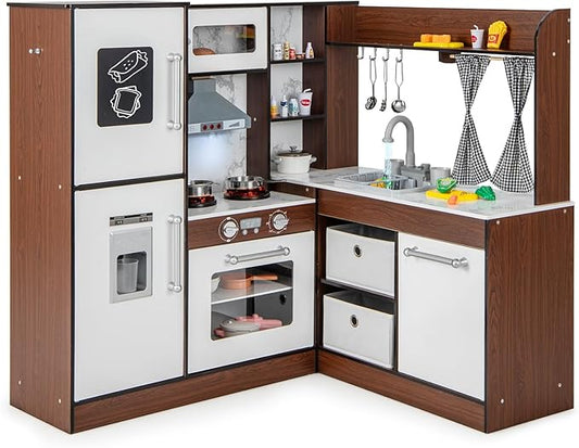 HONEY JOY Corner Kids Kitchen Playset, Wooden Play Kitchen for Toddlers, Range Hood & Stove with Lights and Sounds, Water Circulation, Little Chef Pretend Toy Kitchen Set for Boys Girls, Brown