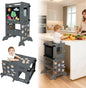Toddler Kitchen Stool Helper, CPC Certified Foldable Toddler Tower, Learning Wooden Tower with Support Feet and Chalkboard, Anti-Drop Structure, Safe Design for Kids, Grey
