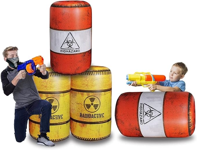 4 Barrels Inflatables, Compatible with Nerf, Laser tag, Birthday Party Activities and Decoration.