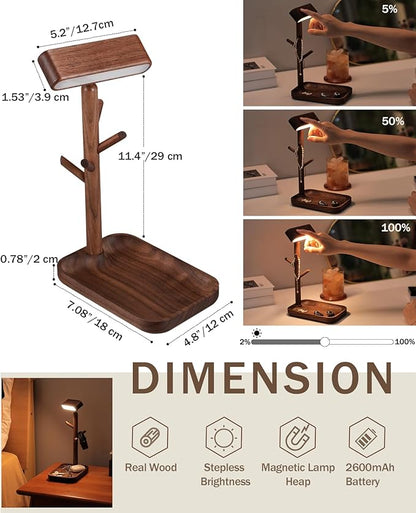 Wooden Table Lamp Tree Trunk Wood Column Rechargeable Led Desk Lamps Magnetic 360°Rotate Battery Powered Wall Night Lights for Bedside Living Edge Table (Black Walnut)